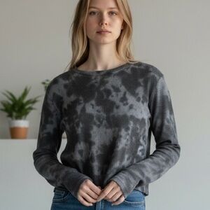 SEVEN SISTERS (S) Tie-Dye Waffle Knit Top Soft Oversize Grey Black Long Sleeve